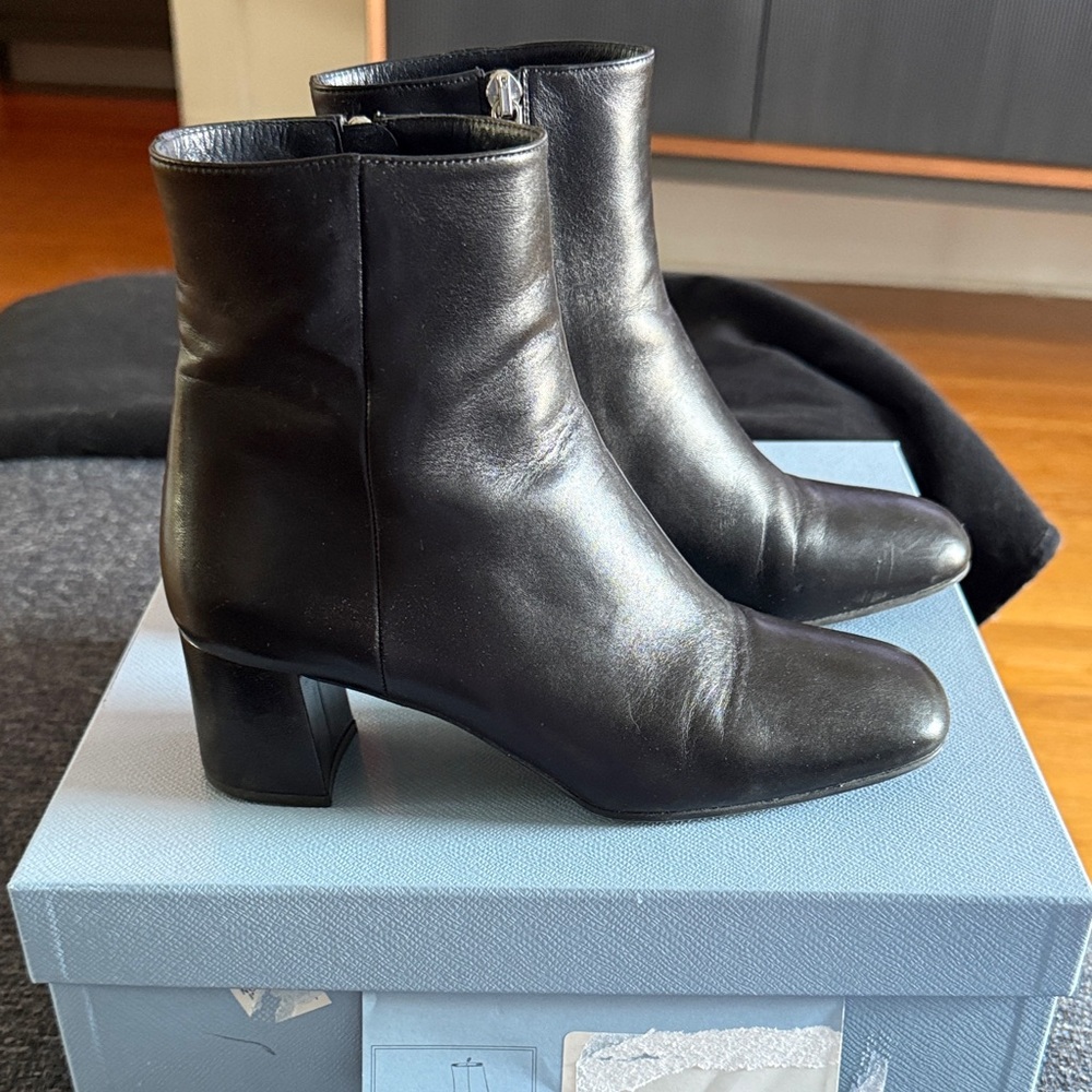 Prada Black Leather Ankle Boots with Block Heel